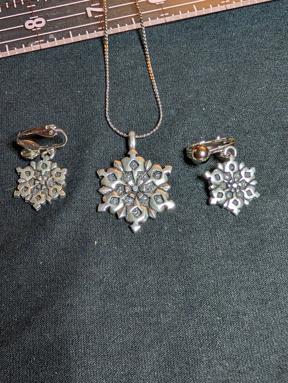 Silver Snowflake Pendant Necklace and Clip-On Earrings Set